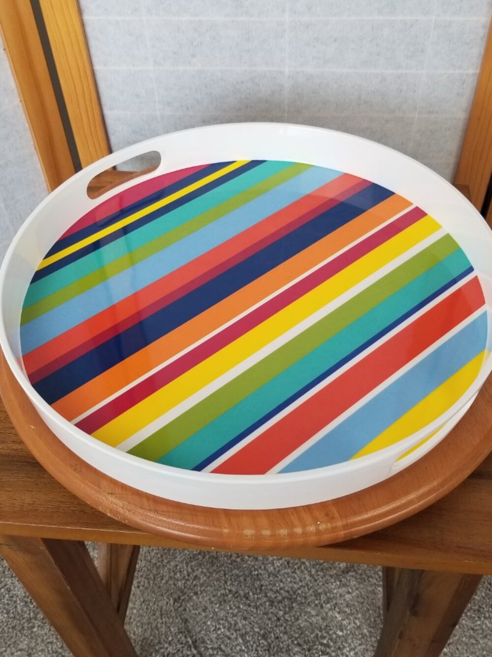 Pier 1 Melamine Colorful Stripe Serving Tray Double Handle 14" Round